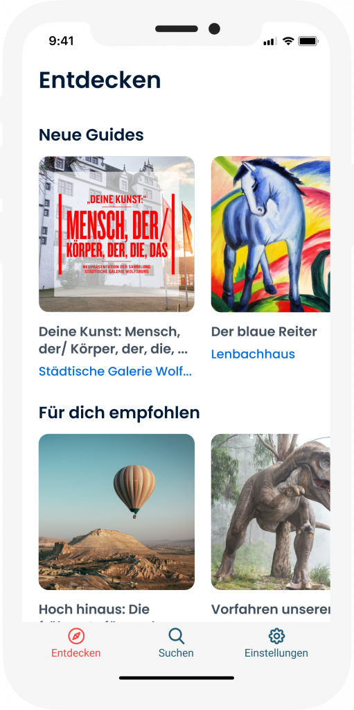 In der Cultway-App sind neben Kulturguides für zuhause unter anderem auch Audioguides als Begleitung für die Ausstellungen "Deine Kunst: Mensch, der / Körper, der, die, das" von Michael Müller in der Städtischen Galerie Wolfsburg und "Der blaue Reiter" im Lenbachhaus München kostenlos verfügbar.